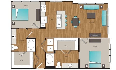 Floor plan for 2 beds, 2 baths, 1122 sqft